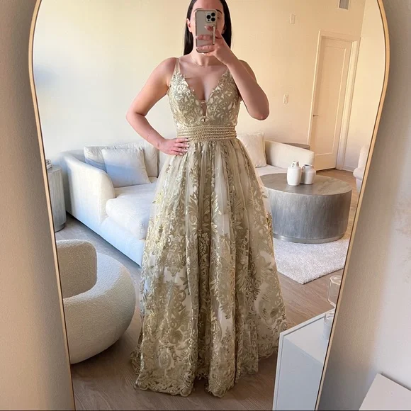 Gold Embroidered Tulle Evening Gown Dress
